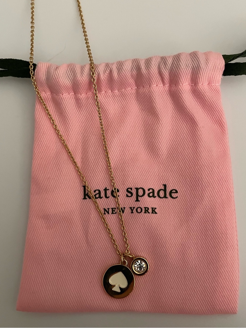 Kate Spade ♠️ Gold Circular Spade Pendant Necklace with Crystal Drtail